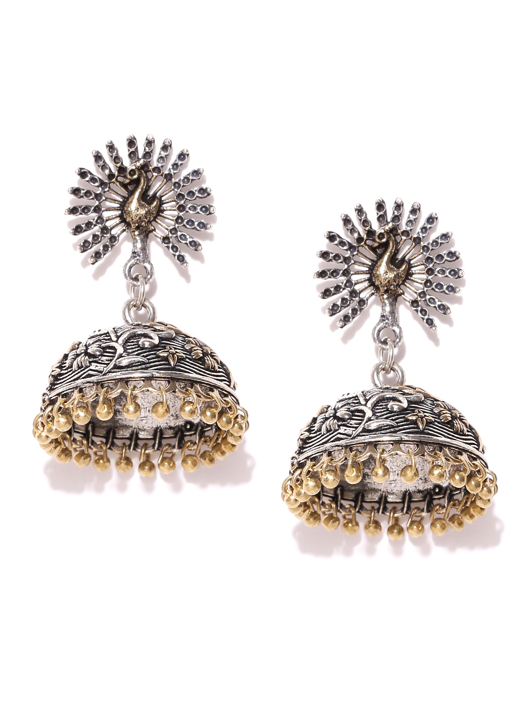 Peacock Inspired Two Tone German Silver Oxidised Handmade Earrings