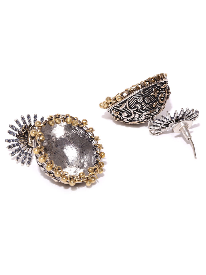 Peacock Inspired Two Tone German Silver Oxidised Handmade Earrings