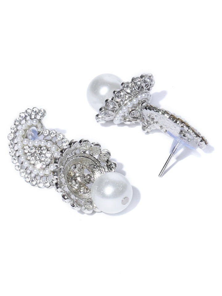 Rodium Plated Pearl Jhumki Earrings