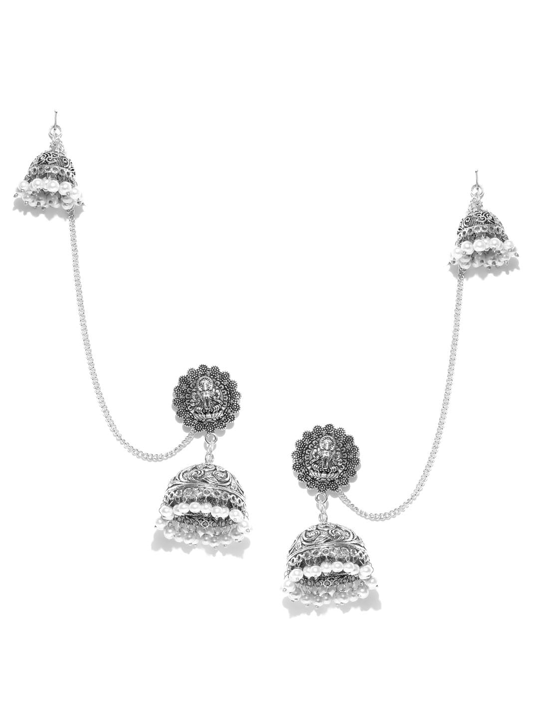 German Silver Oxidised Handmade White Pearl Temple Jhumki/Earrings