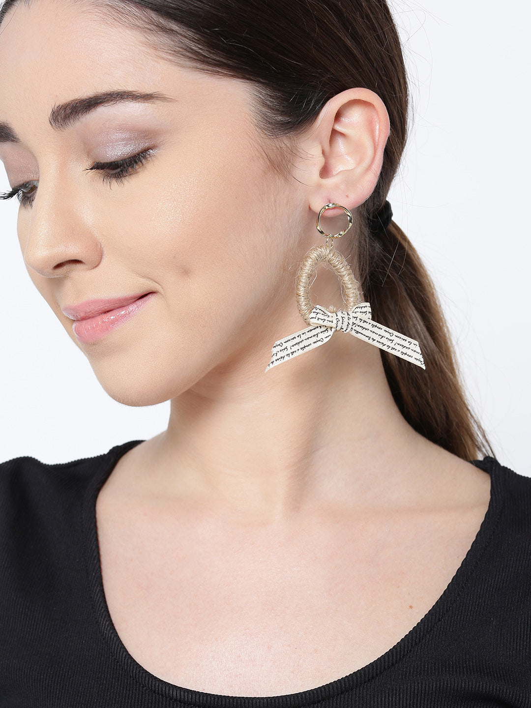 Gold-Plated Jute And Ribbon Drop Earrings