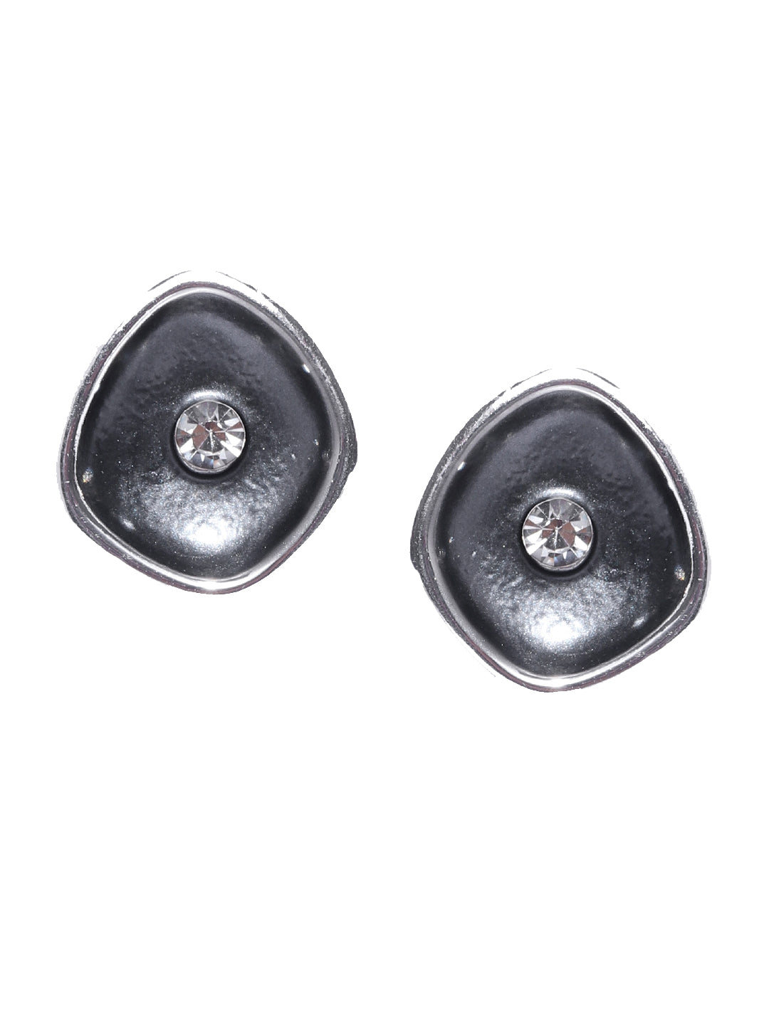 Silver-Plated Stone Studded Stud Earrings in Black Color