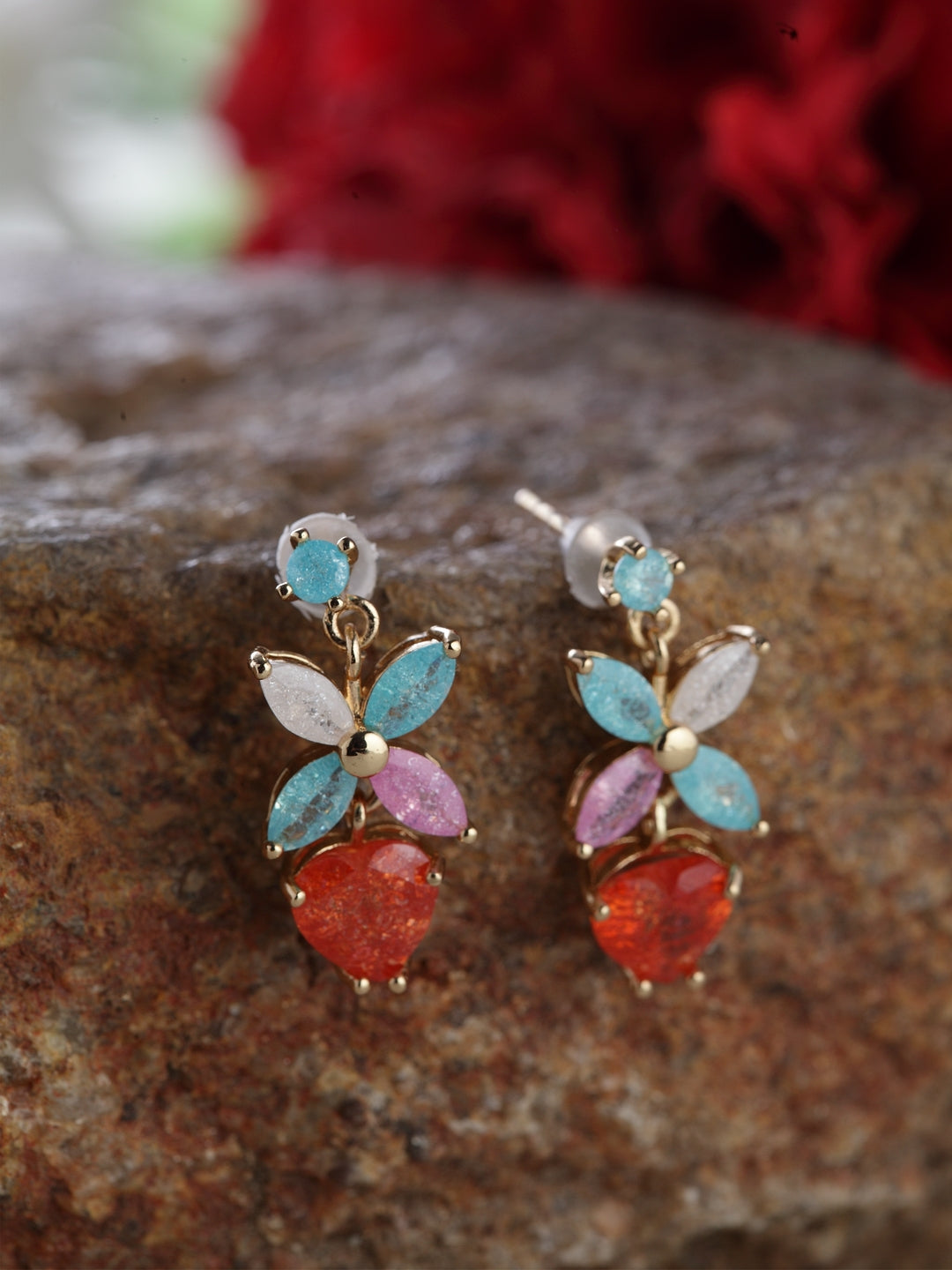 Gold-Plated Stones Studded Floral Patterned Studs Earrings in Multicolor