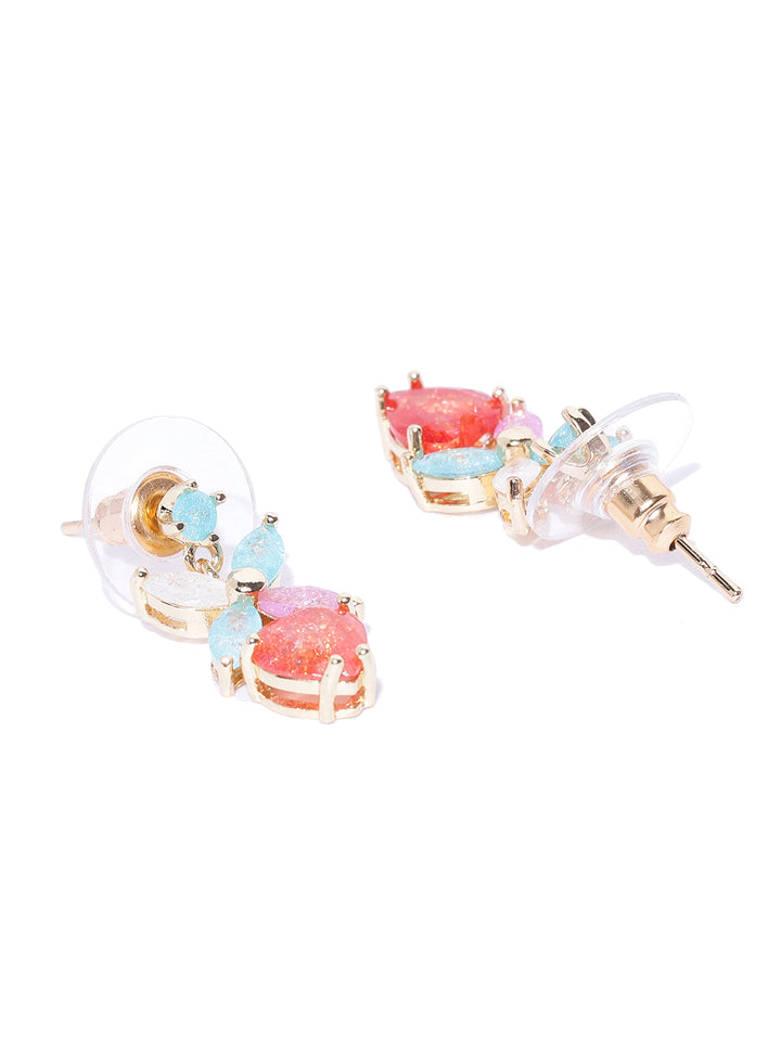 Gold-Plated Stones Studded Floral Patterned Studs Earrings in Multicolor
