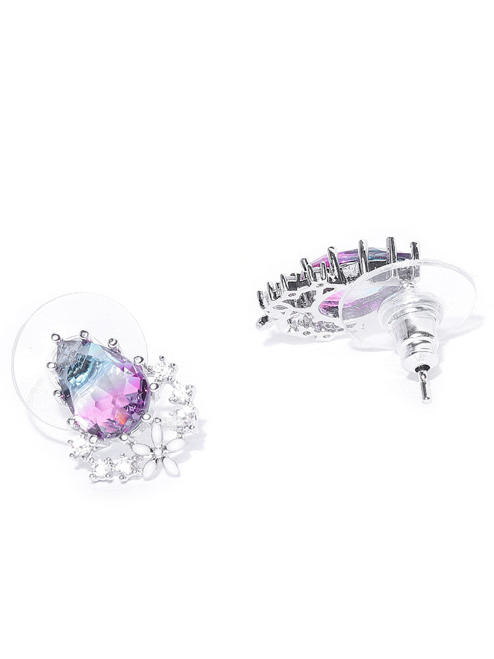 Silver-Plated Cubic Zirconia Studded Geometric Patterned Stud Earrings in Purple Color