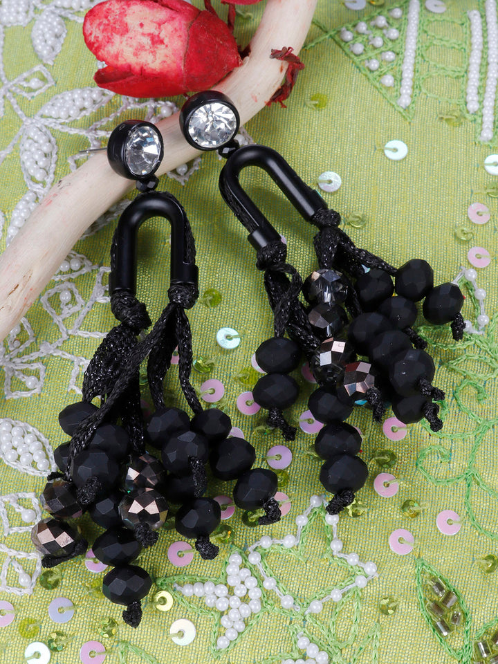 Stones Studded Tasselled Drop Earrings in Black Color