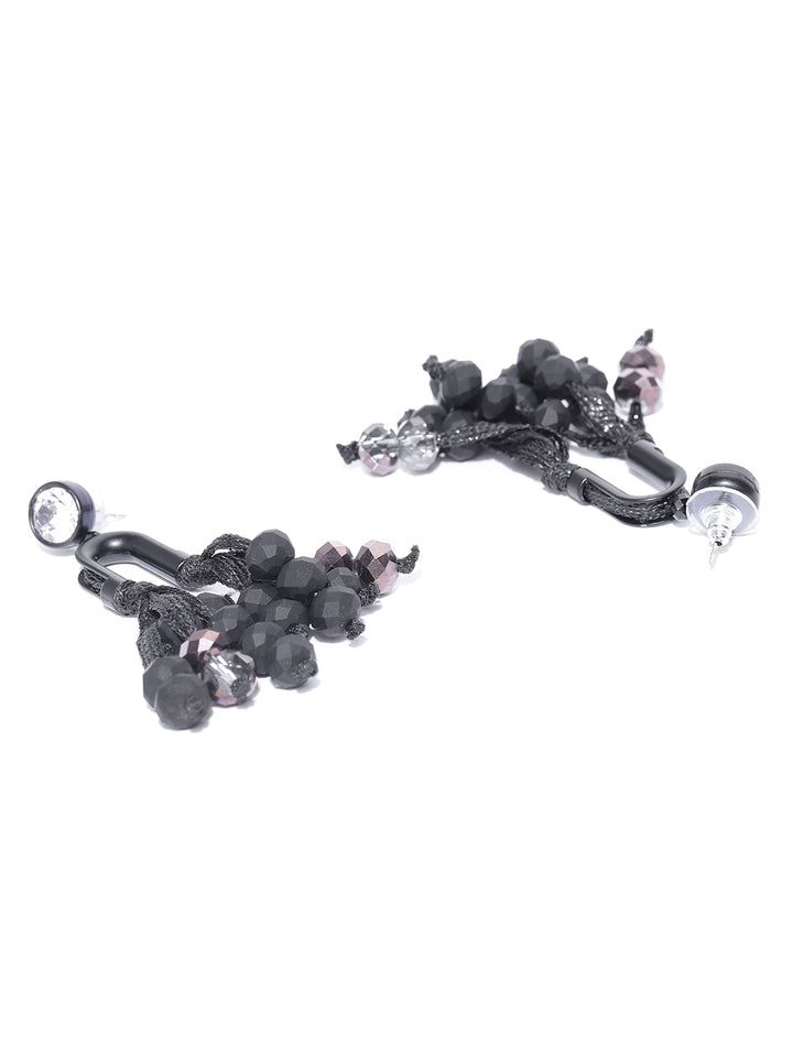 Stones Studded Tasselled Drop Earrings in Black Color