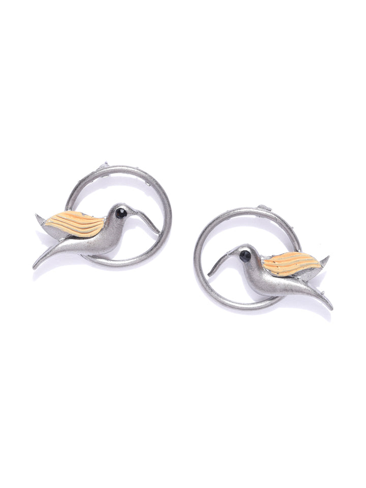 Gunmetal Silver-Plated Handcrafted Bird-Shaped Studs