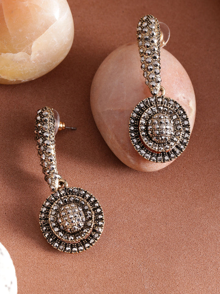 Designer Antique Gold Toned Stone Studded Fancy Stylish Fashionable Round Shape Drop Earrings For Women And Girls