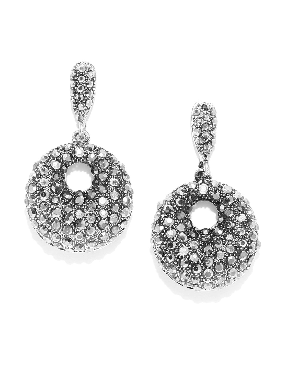 Designer Antique Silver Toned Stone Studded Trendy Stylish Fashionable Party Wear 3D Round Shape Drop Earrings For Women And Girls