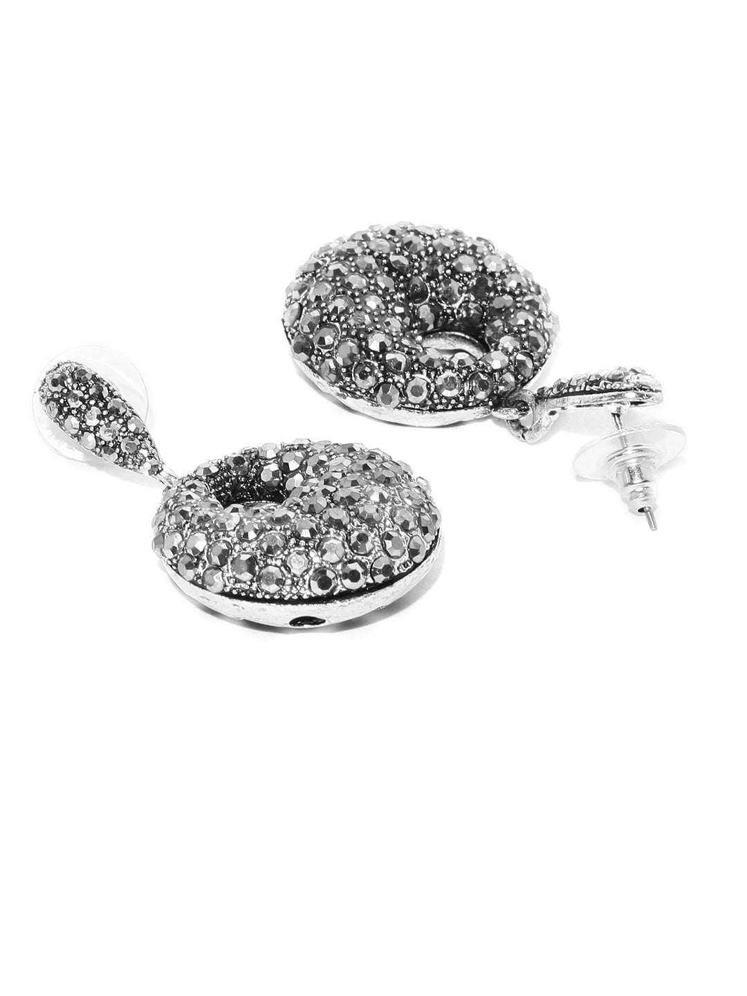 Designer Antique Silver Toned Stone Studded Trendy Stylish Fashionable Party Wear 3D Round Shape Drop Earrings For Women And Girls