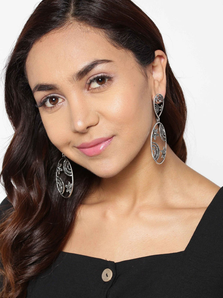 Designer Silver Toned Stone Studded Beautiful Design Elliptical Shape Stylish Drop Earrings For Women And Girls