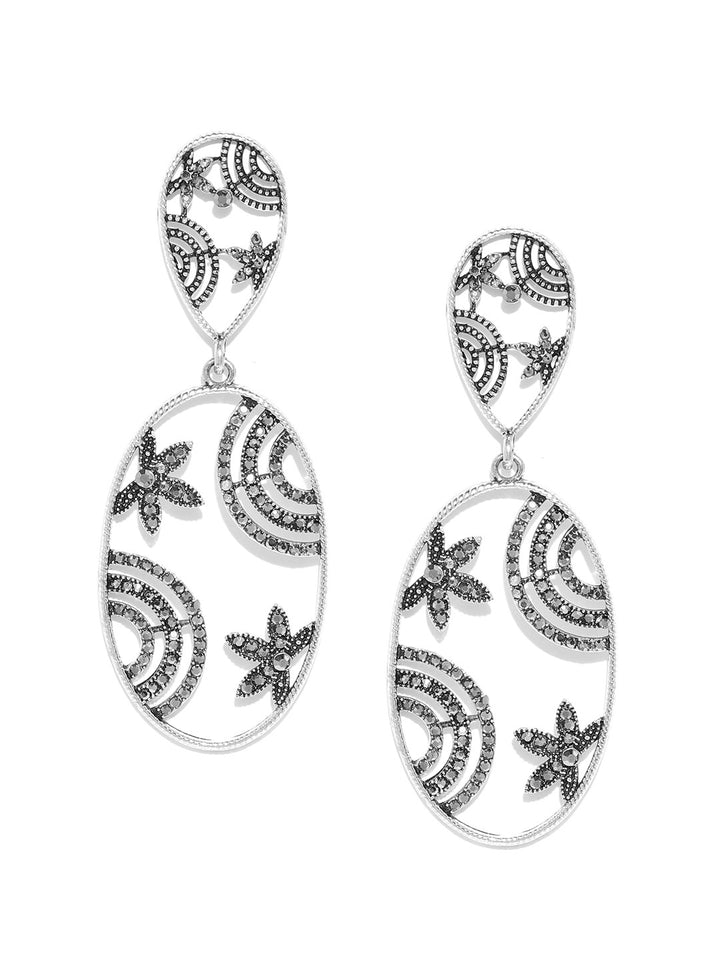 Designer Silver Toned Stone Studded Beautiful Design Elliptical Shape Stylish Drop Earrings For Women And Girls