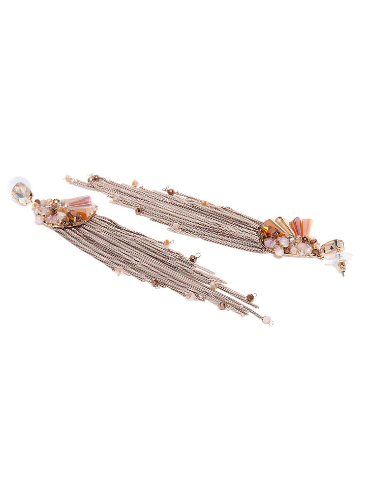 Designer Beads, Crystal Cone And Stone With Multiple Hanging Chains Stylish Beige Rose Tasselled Contemporary Drop Earrings For Women And Girls