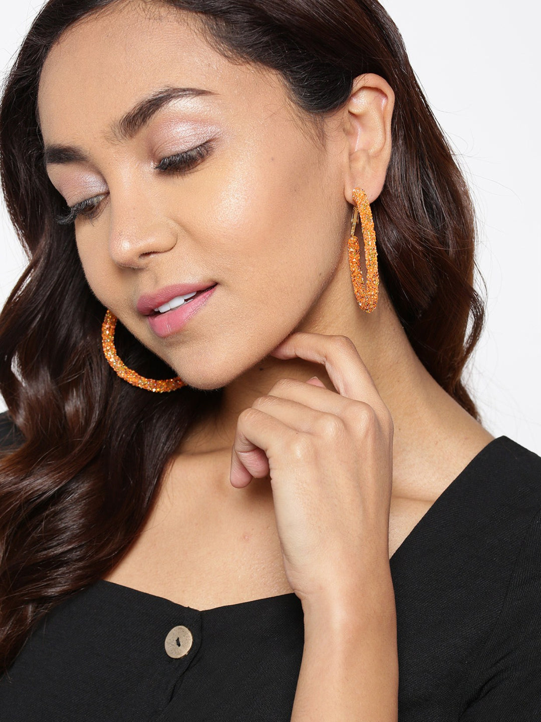 Designer Orange Sparkling Party Wear Stylish Trendy Fashionable Big Hoop Earrings For Women And Girls