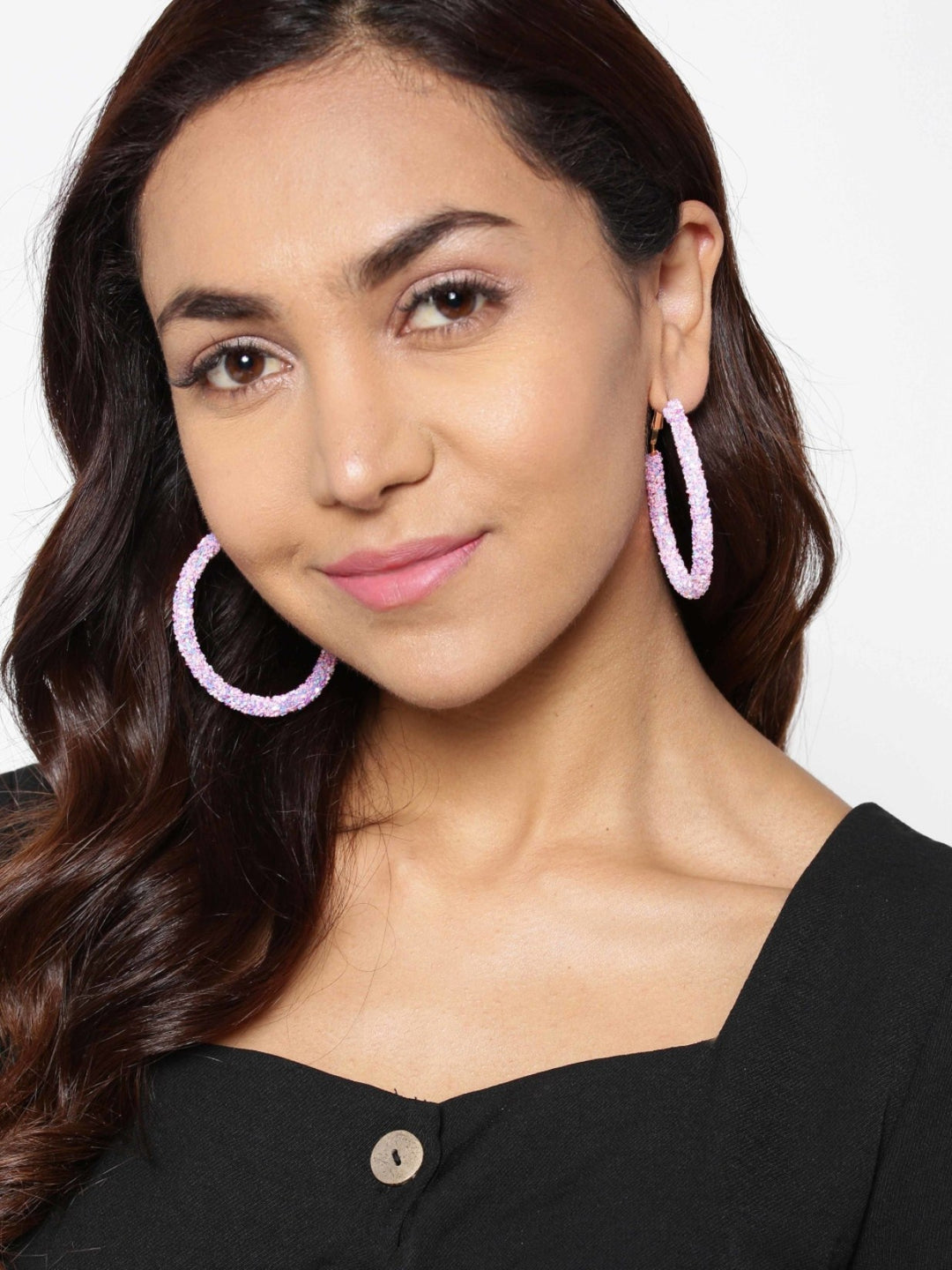 Designer Pink Sparkling Party Wear Stylish Trendy Fashionable Big Hoop Earrings For Women And Girls