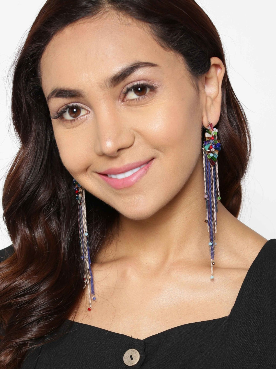 Designer Multicolor Beads, Crystal Cone And Stone With Multiple Hanging Chains Stylish Fancy H Andcrafted Tasselled Contemporary Drop Earrings For Women And Girls