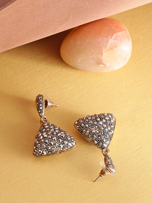 Designer Antique Gold Toned Stone Studded 3D Triangle Stylish Fashionable Drop Earrings For Women And Girls