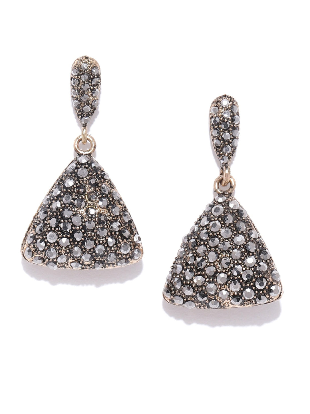 Designer Antique Gold Toned Stone Studded 3D Triangle Stylish Fashionable Drop Earrings For Women And Girls