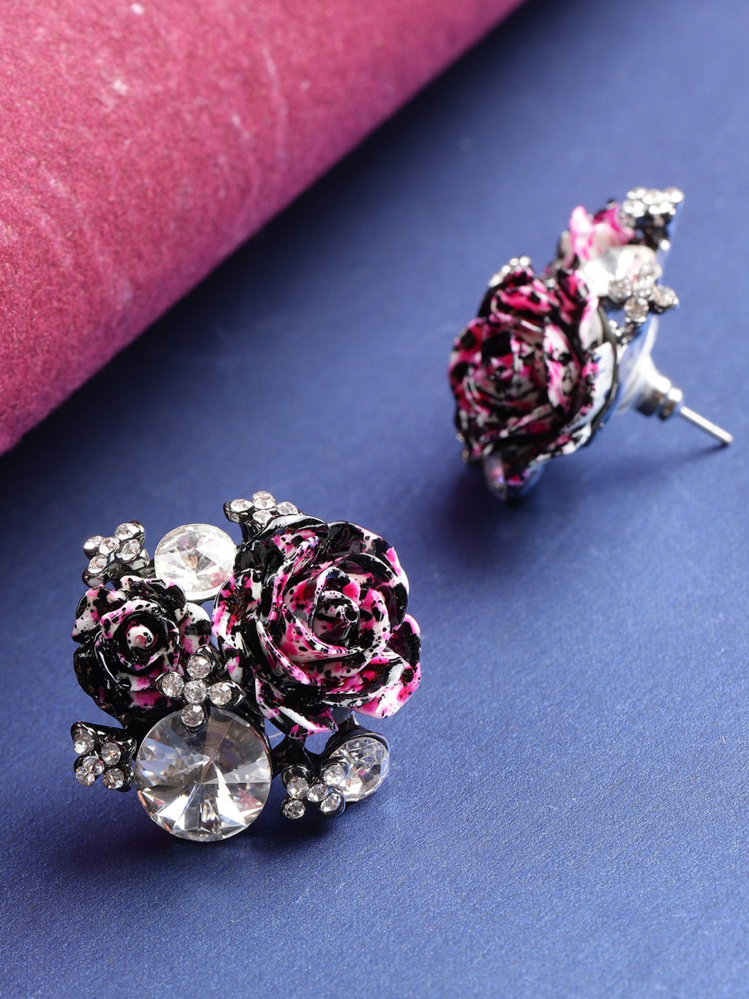 Designer Stone And Ad American Diamond Studded Black And Pink Flower Design Stylish Trendy Stud Earrings For Women And Girls