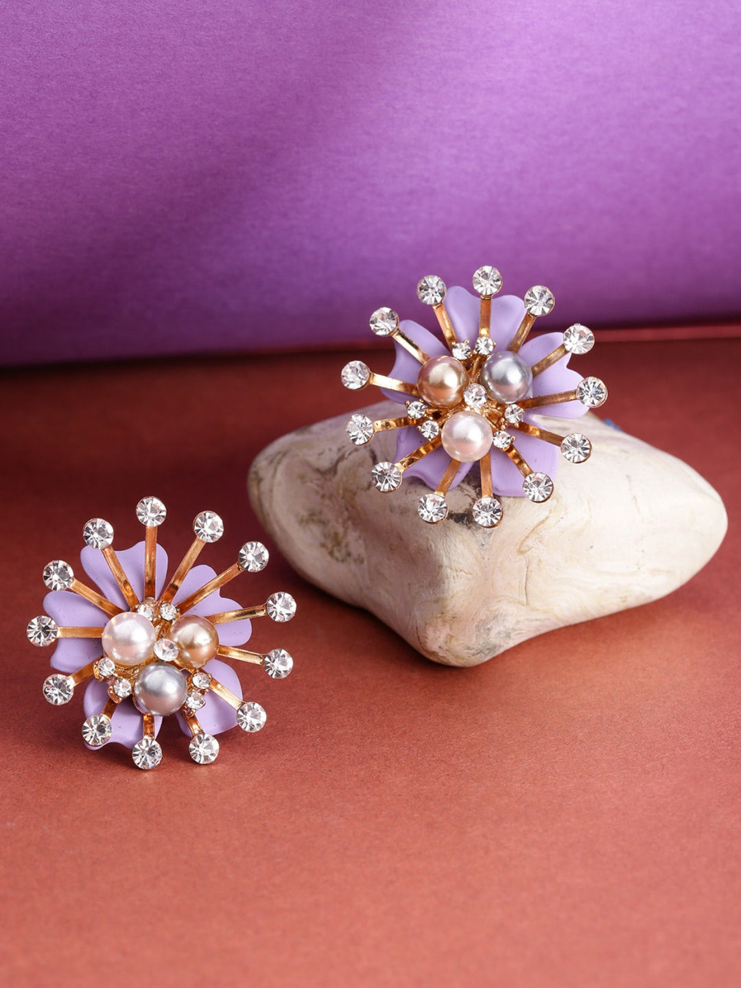 Designer Gold Plated Stone Studded With Multicolor Pearls Flower Design Purple Stud Earrings For Women And Girls
