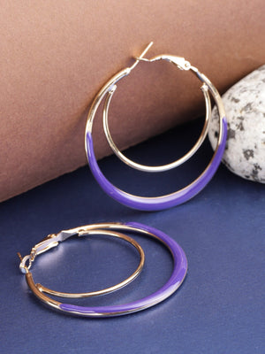 Designer Gold Plated Enamelled Purple And Golden Dual Layer Stylish Fancy Party Wear Hoop Earrings For Women And Girls