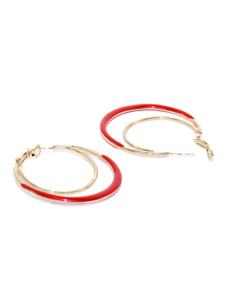 Designer Gold Plated Enamelled Red And Golden Dual Layer Stylish Fancy Party Wear Hoop Earrings For Women And Girls