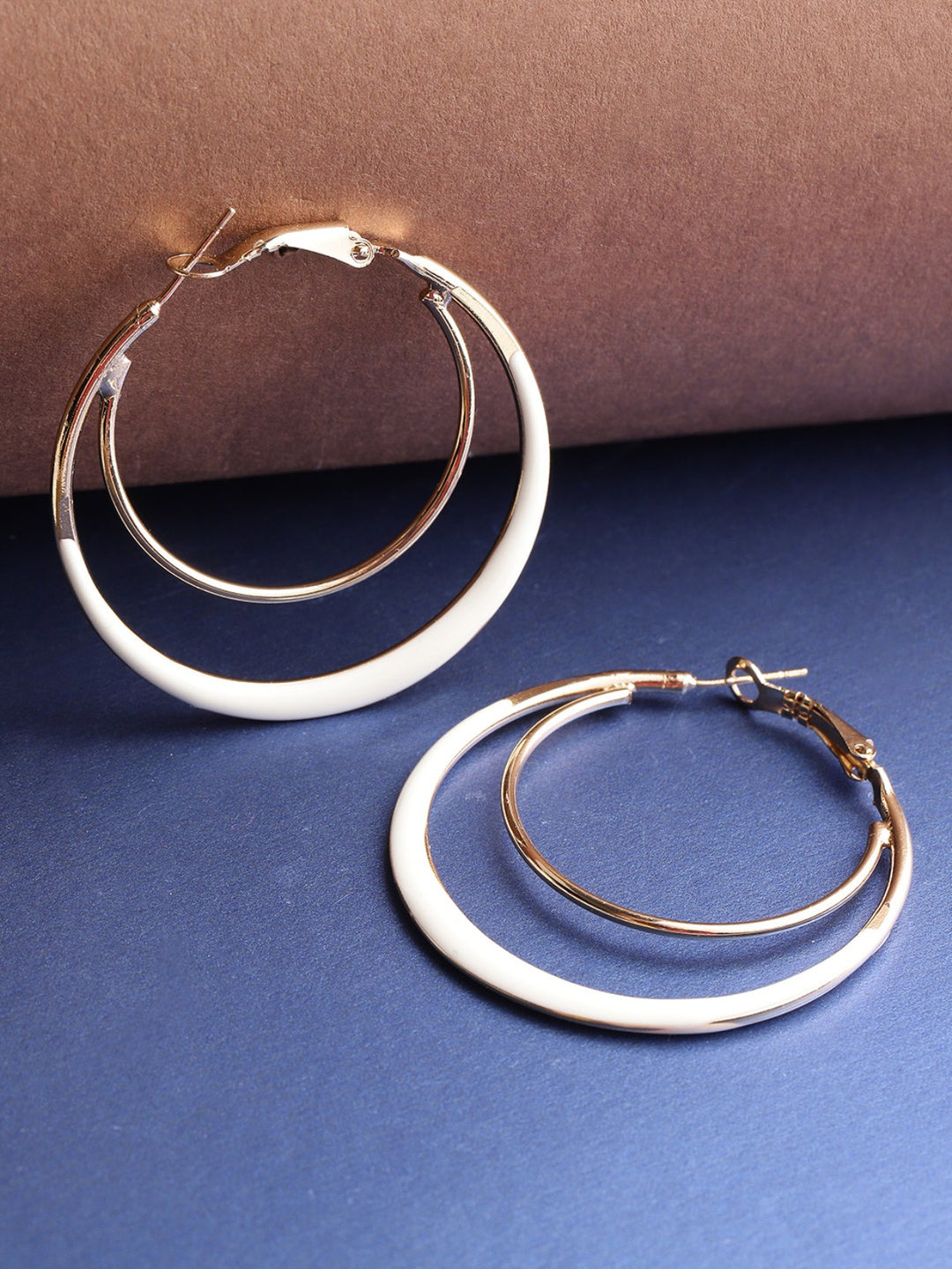 Designer Gold Plated Enamelled White And Golden Dual Layer Stylish Fancy Party Wear Hoop Earrings For Women And Girls