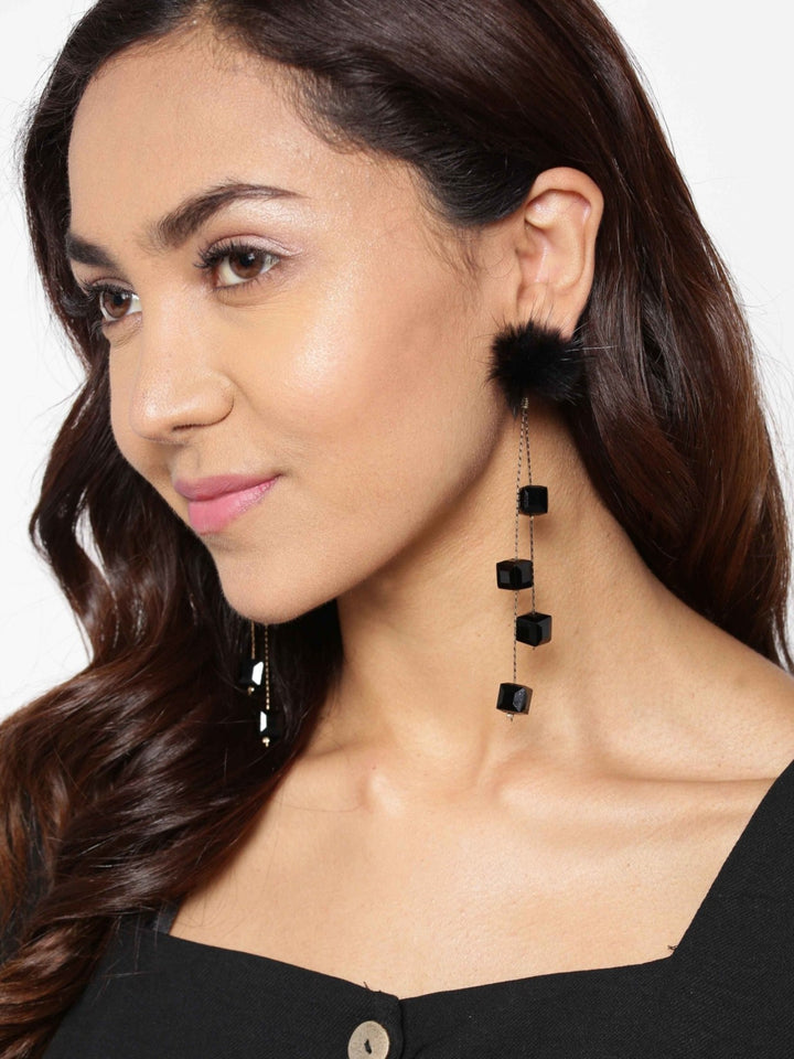 Designer Gold Plated Chain Hanging Black Stone Cubes With Fur Stylish Drop Earrings For Women And Girls