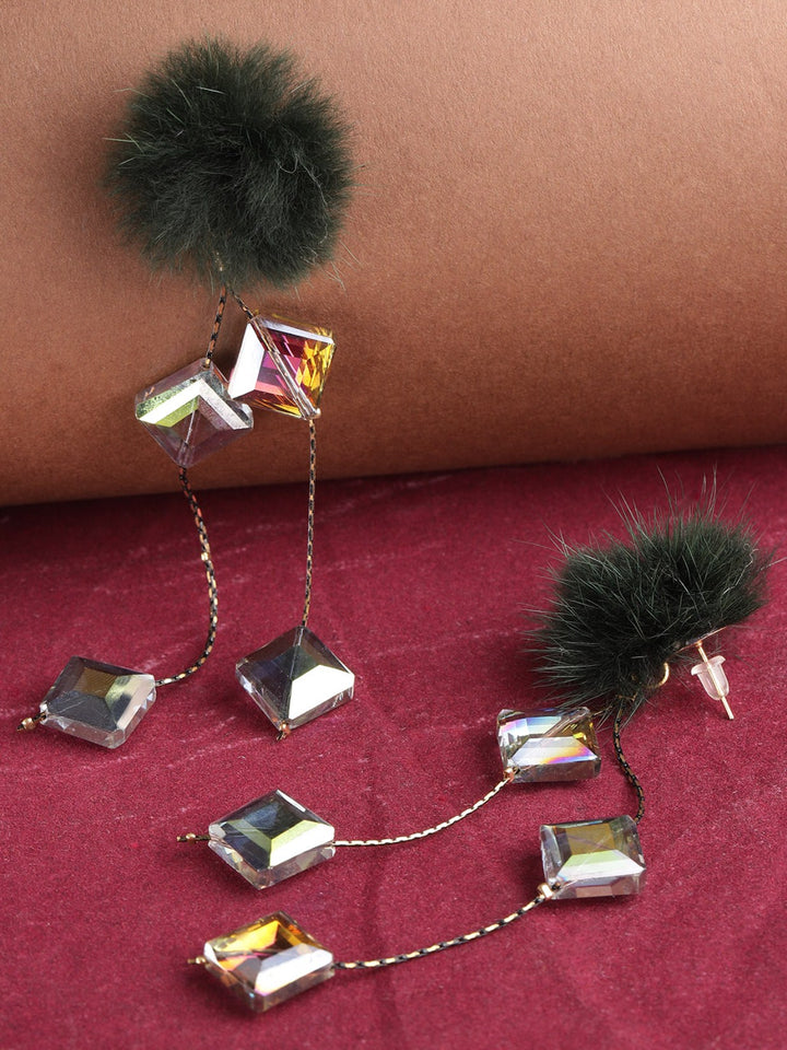 Designer Gold Plated Chain Hanging Purple And Green Stones With Black Fur Stylish Drop Earrings For Women And Girls
