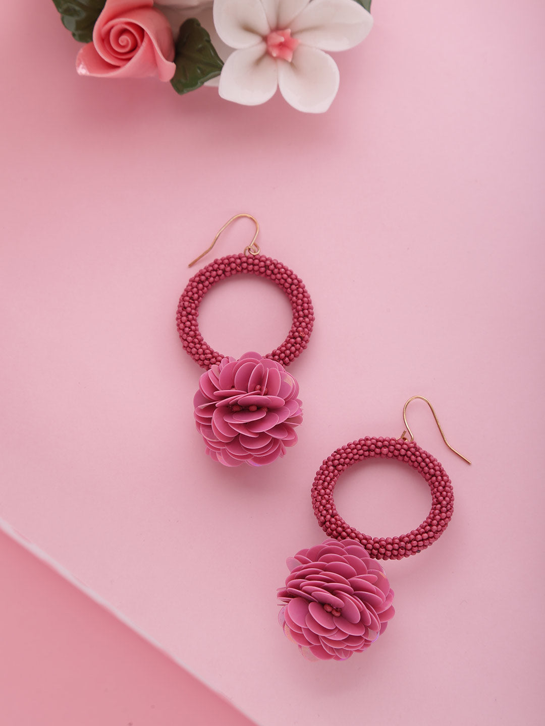 Designer Salmon Pink Colour Hanging Flower Hoop Earrings