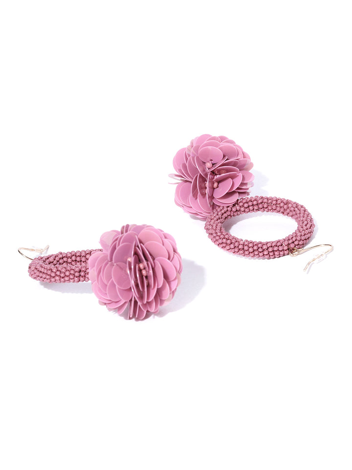 Designer Salmon Pink Colour Hanging Flower Hoop Earrings