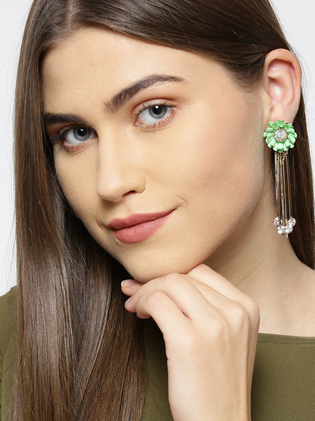Gold Plated Floral Pattern Tasselled Mint Green Drop Earrings