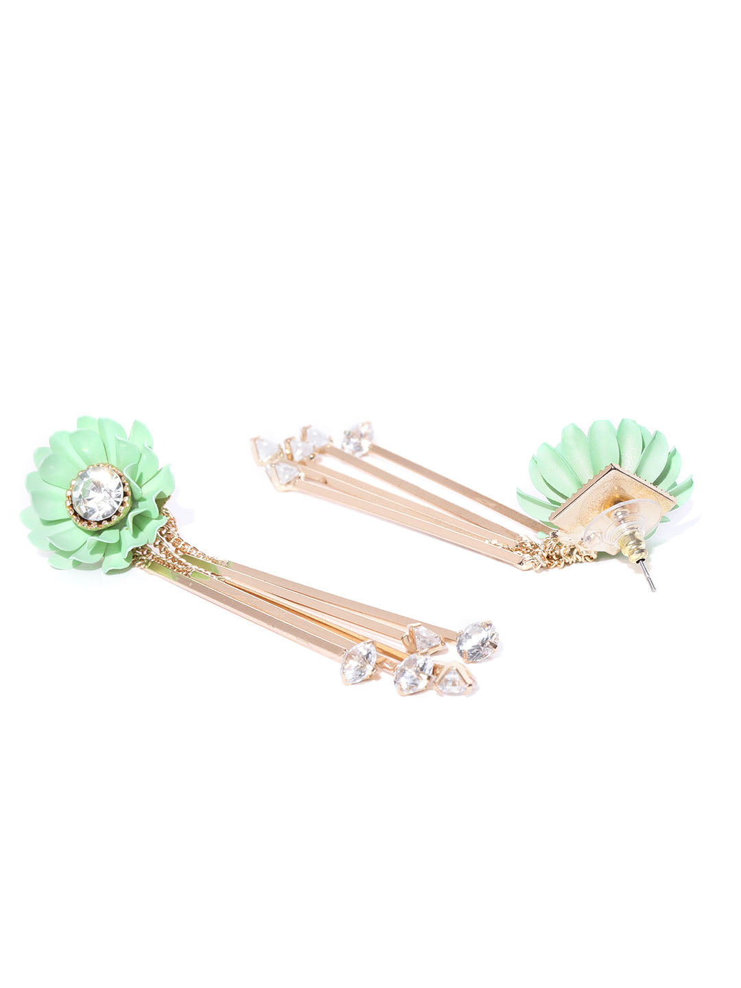 Gold Plated Floral Pattern Tasselled Mint Green Drop Earrings