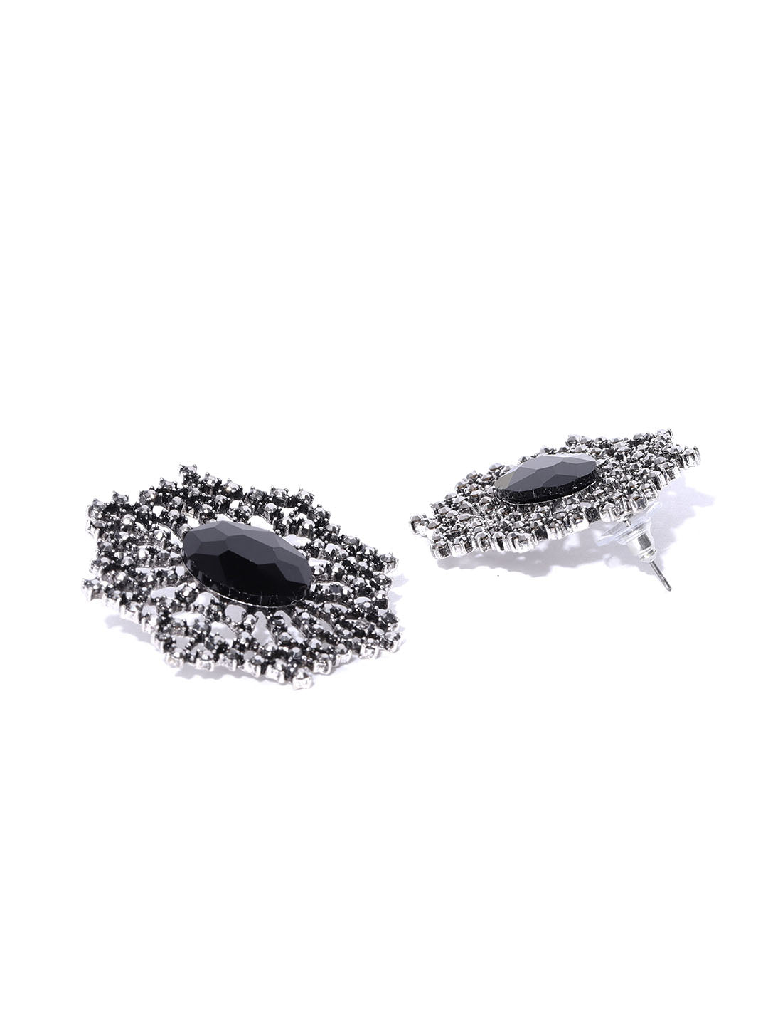 Floral Pattern Black Stone Studded Handcrafted Drop Earrings