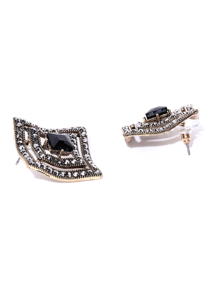 Gold-Plated Black Stone Studded Curved Square Shape Geometric Drop Earrings