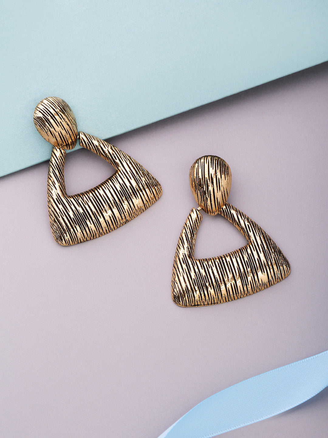 Gold-Plated Triangular, Textured Drop Earrings