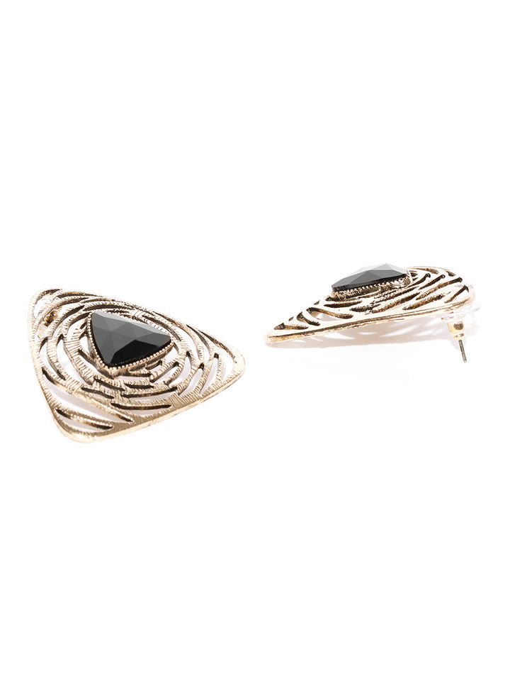 Gold-Plated Black Stone Studded Triangular Shape Geometric Drop Earrings