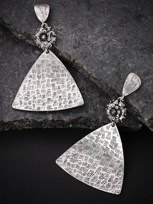 Oxidised Silver-Plated Triangular Textured Drop Earrings