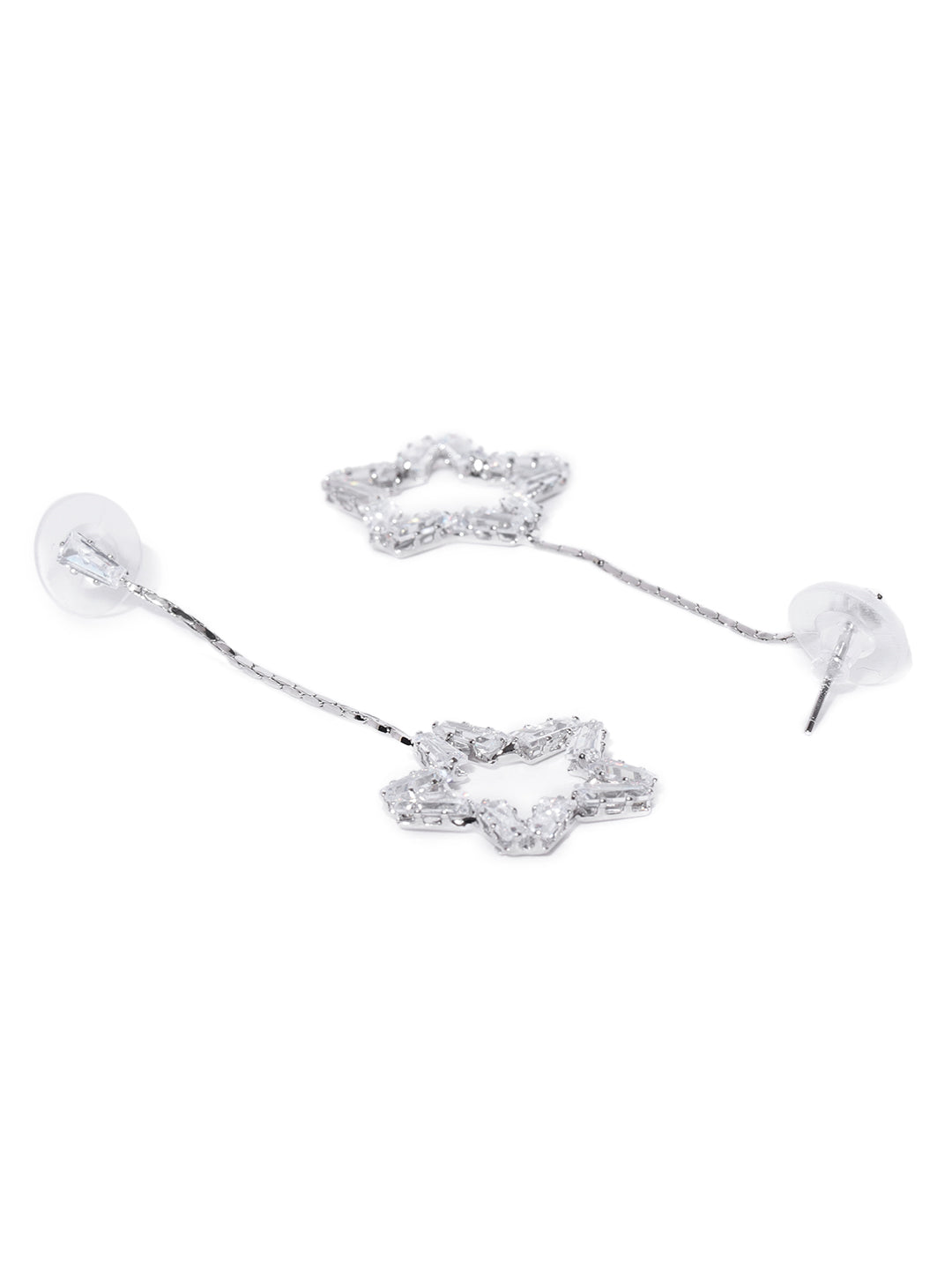 Silver-Plated Transparent Stone Studded Star Shaped Drop Earrings