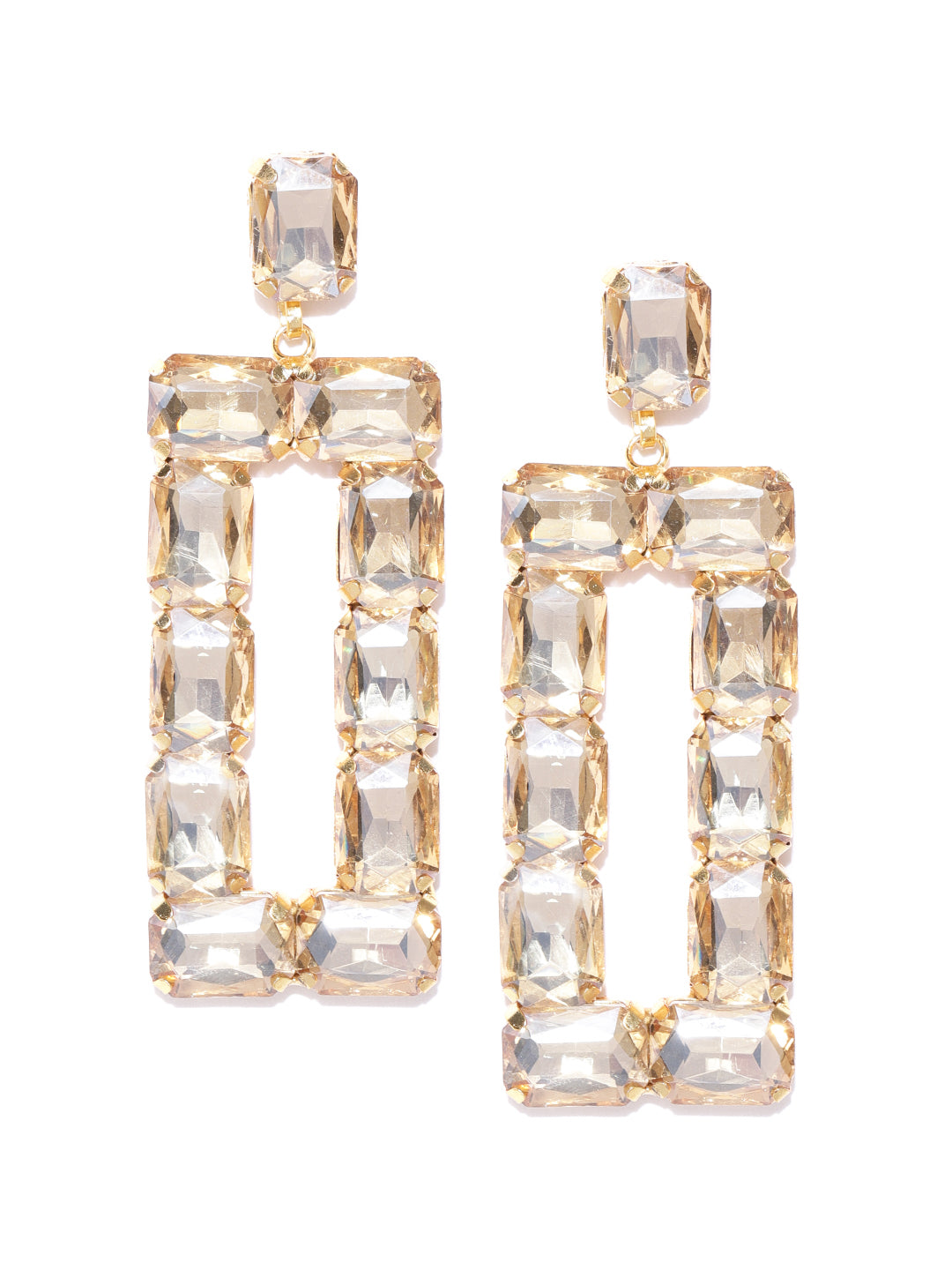 Gold-Plated Diamond Cut Stone Studded Yellow Geometric Drop Earrings