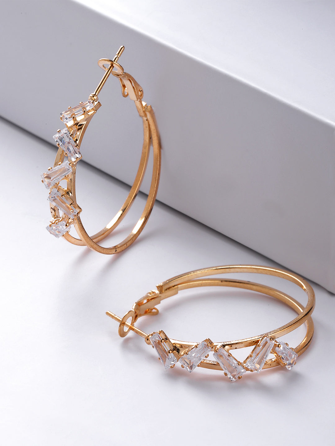 Gold-Plated Zig-Zag Cubic Zirconia Studded Dual Layer Hoop Earrings