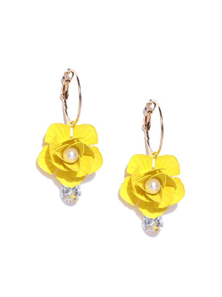 Gold-Plated Pearl Studded With Ad Yellow Flower Hanging Hoop Earrings