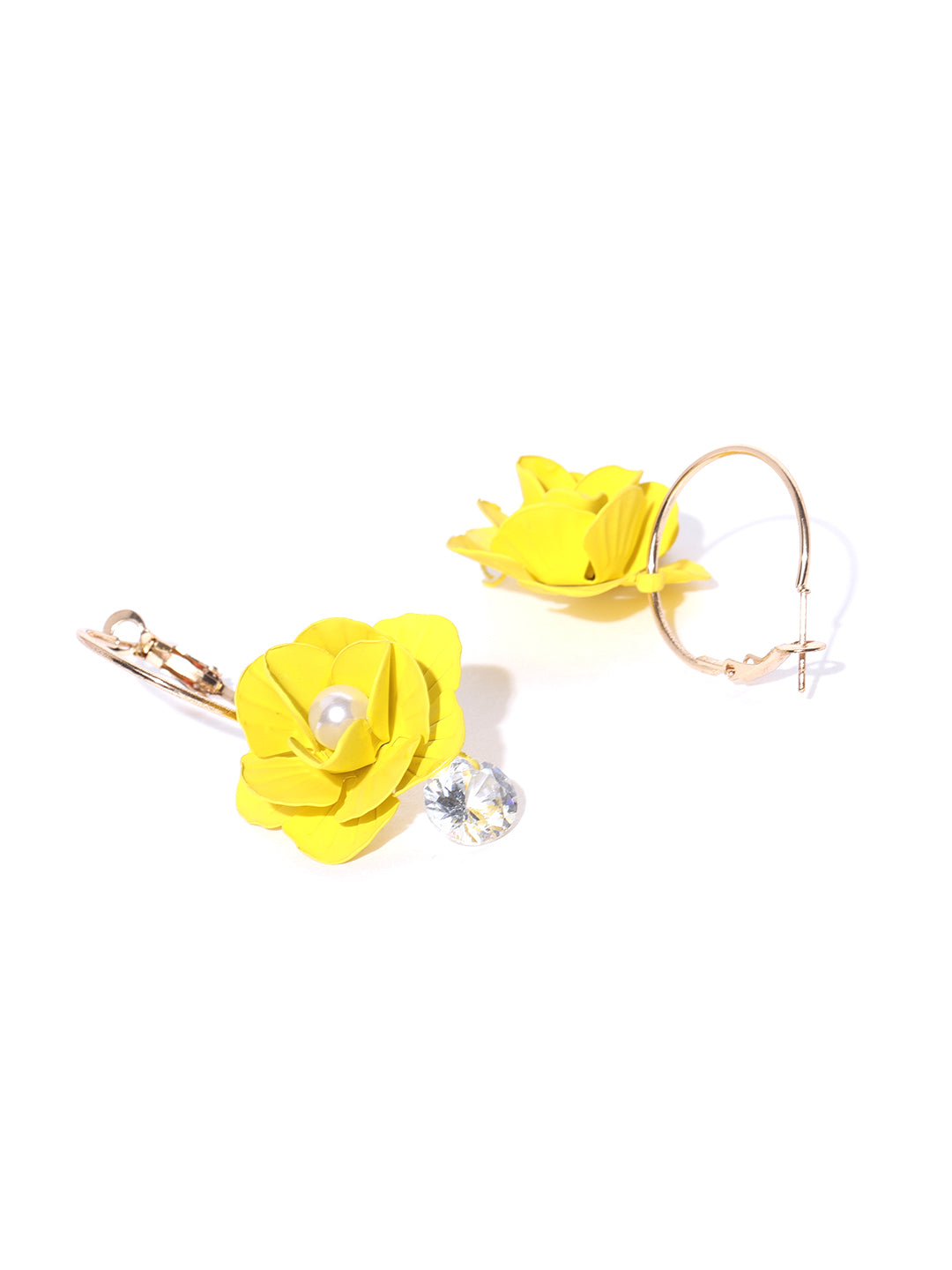 Gold-Plated Pearl Studded With Ad Yellow Flower Hanging Hoop Earrings