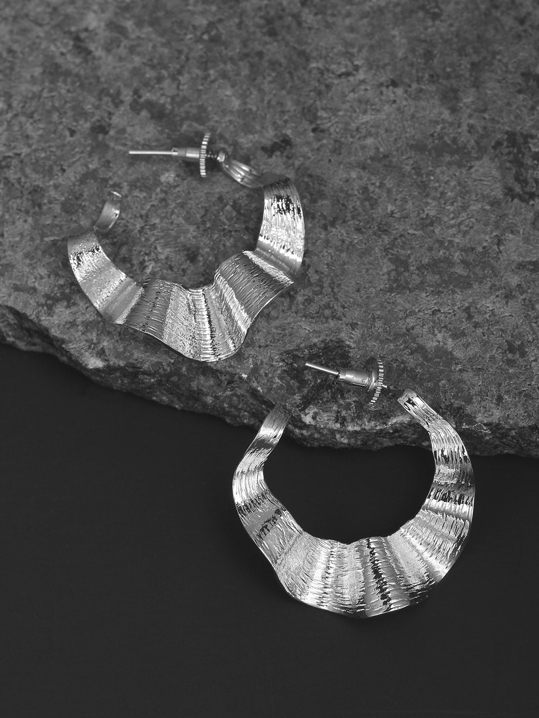 Silver-Toned Curved Hoop Shaped Handcrafted Drop Earrings