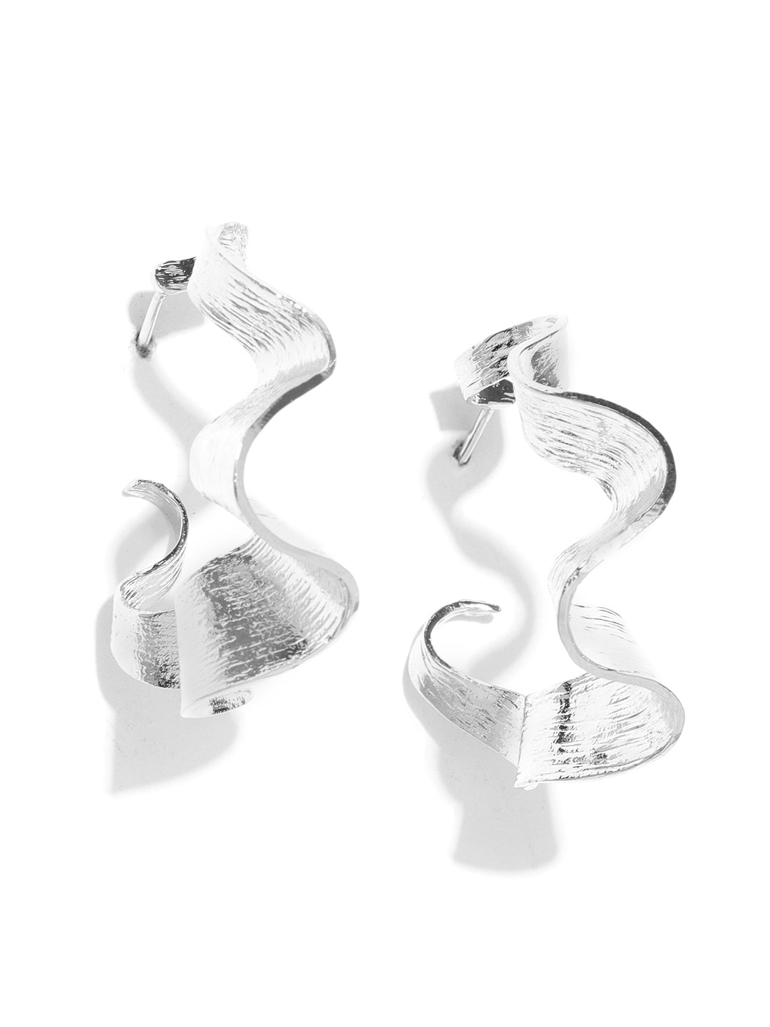 Silver-Toned Curved Hoop Shaped Handcrafted Drop Earrings