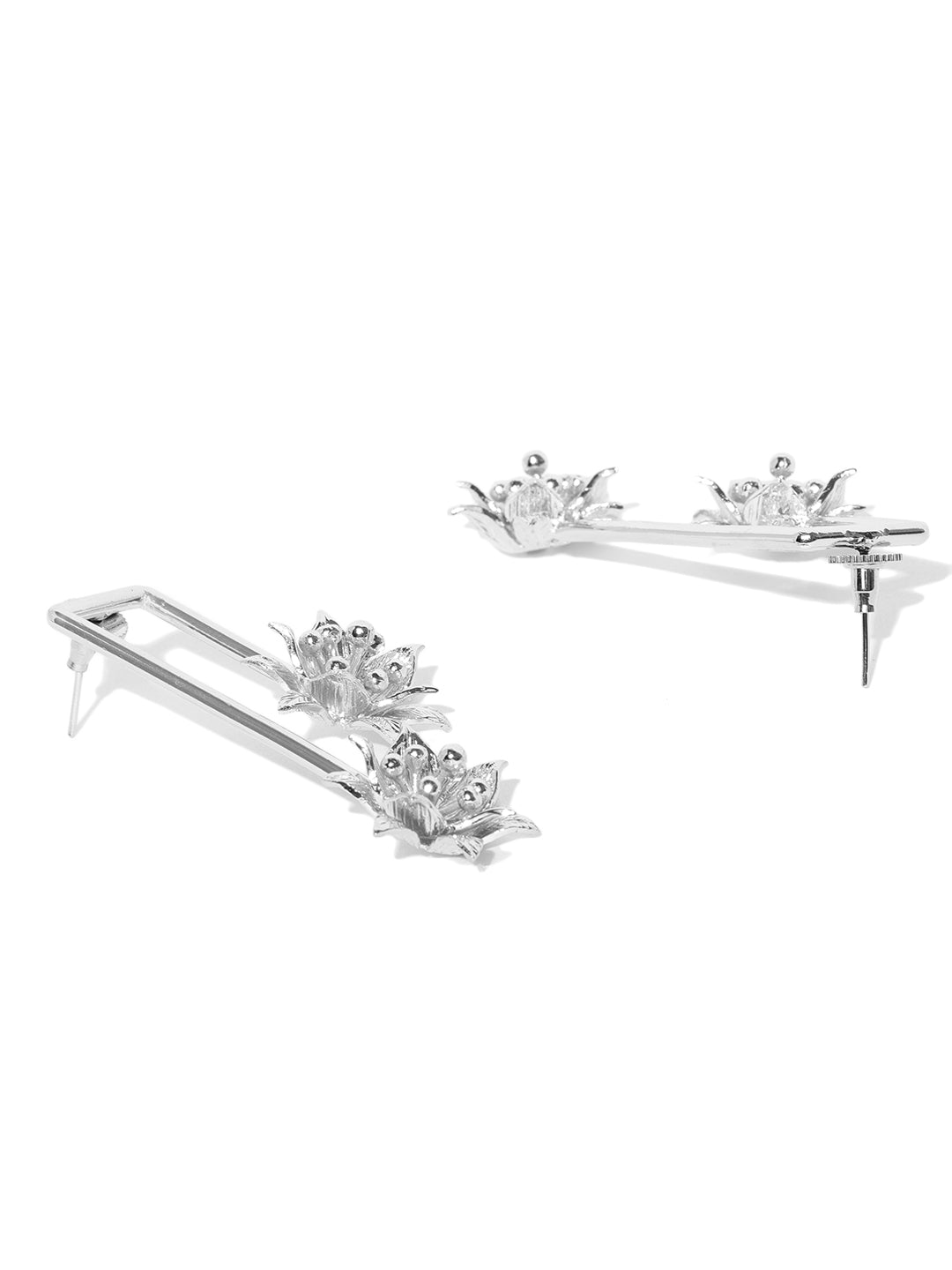 Designer Silver-Toned Dual Flower Geometric Drop Earrings