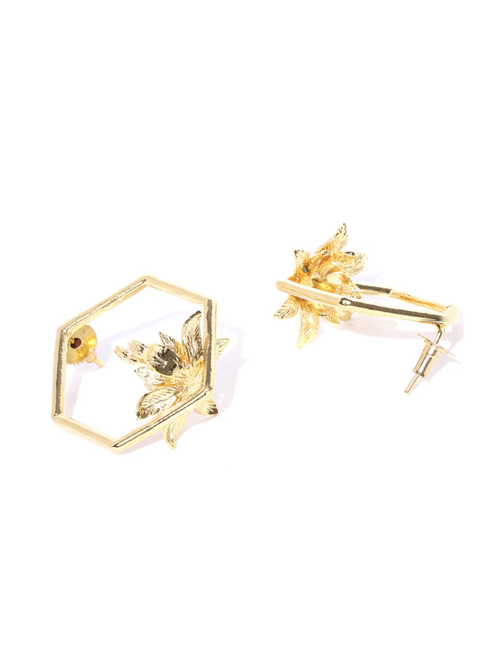 Designer Gold-Toned Hexagon Shaped Floral Handcrafted Drop Earrings