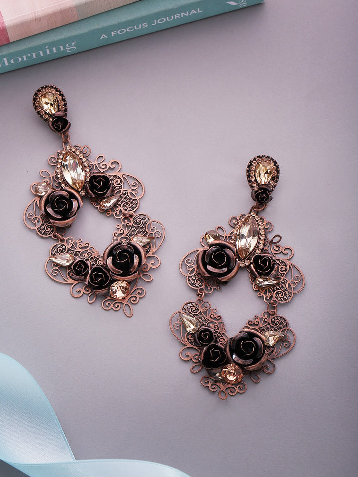 Copper Toned Stones Studded Floral Drop Earrings