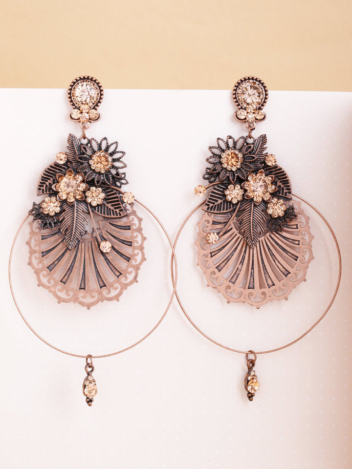 Copper Toned Stones Studded Floral Drop Earrings